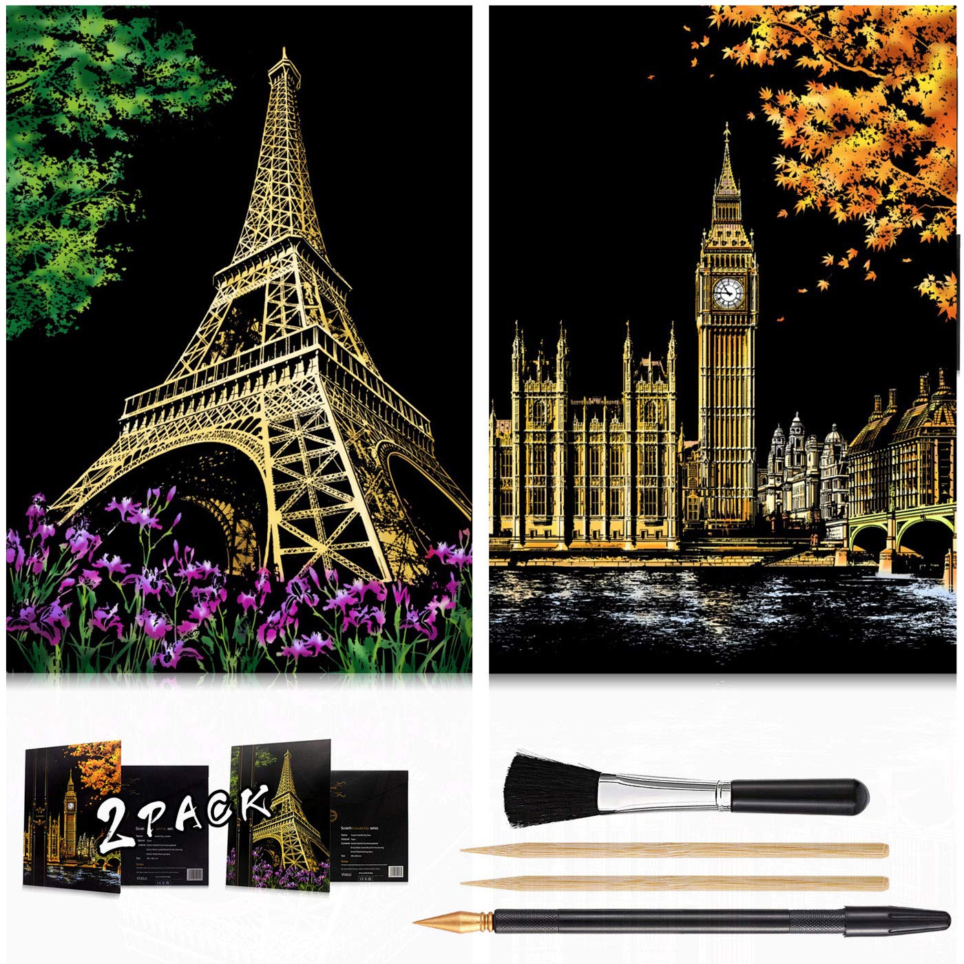 Scratch & Engraving Arts Paper(16" x 11.2") for Teens & Adults, Rainbow Sketch Painting Landscape Scratchboard, Craft Kits: 2 Pack with 4 Tools - Drawing Pens, Brush(Big Ben / Eiffel Tower)