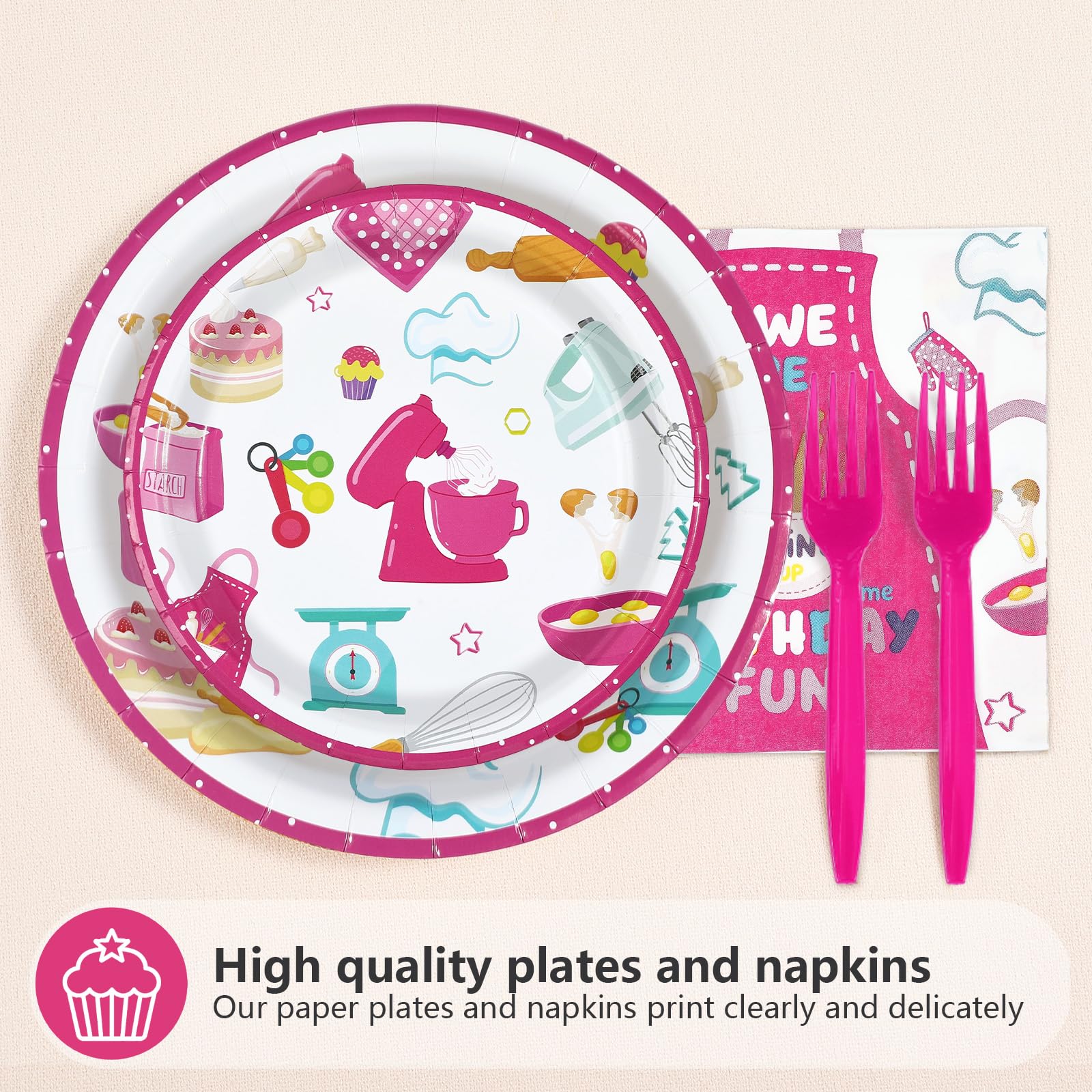 Condition photo showing New/Like New for 96pcs pink baking birthday party decorations, serves 24 | pink baking plates and napkins pink bakery macaron tableware set for girls kids bakers happy birthday baby shower supplies pink bake party plates