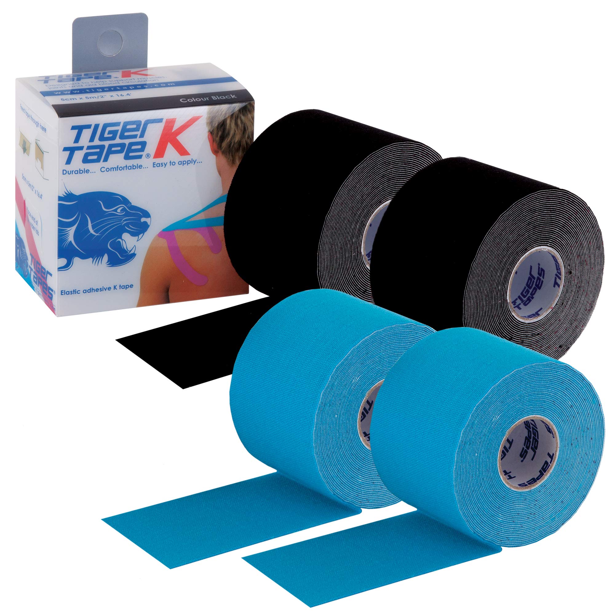 TIGERTAPES K Tape 4 Pack - Black & Blue Kinesiology Tape (5cm x 5m) | Uncut Muscle Tape for Running, Sports & Injury Recovery | Waterproof, Hypoallergenic & Elastic Athletic Tape for Training & Rehab
