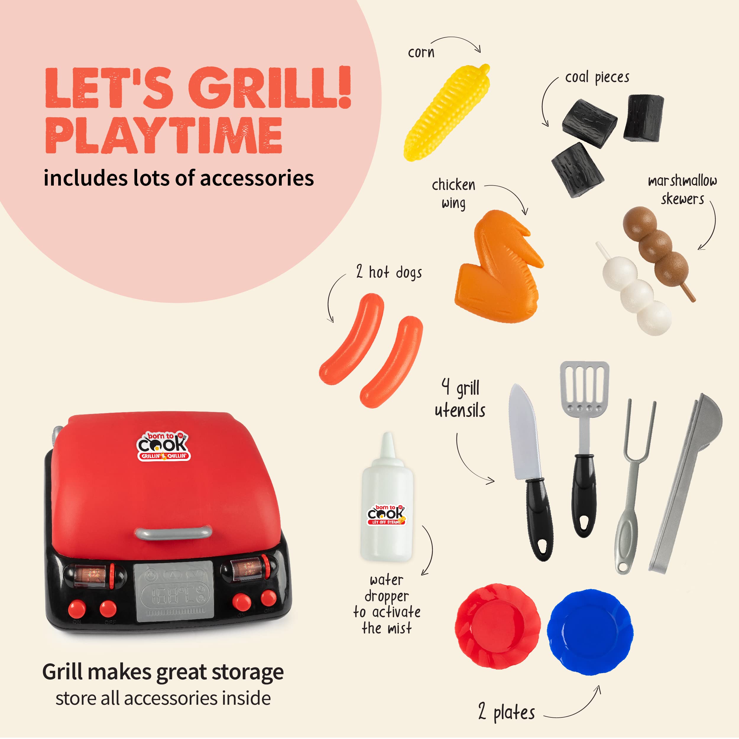 Born Toys Kids Grill Playset, Pretend Play BBQ Toys Kitchen and Baking Set, Interactive Chef Dress Up
