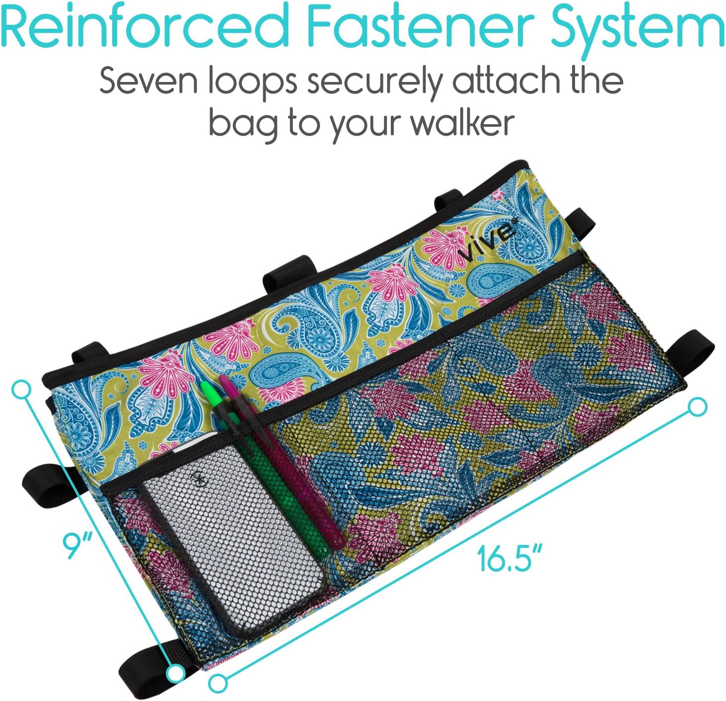 Vive Walker Bag - Water Resistant Accessory Basket Provides Hands Free Storage for Folding Walkers - Attachment Fits Wide and Narrow Styles - Tote Caddy Pouch for Elderly, Seniors, Handicap, Disabled: Health & Personal Care