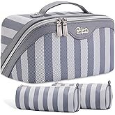 BOYATU Travel Makeup Bag for Women: Large Cosmetic Bag Set of 3 - PU Leather Make up Bag with Compartments - Compact Waterproof Toiletry Bag with Divider & Handle (B-2-Blue)