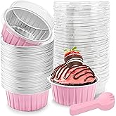 NPLUX 5 OZ Mini Loaf Pans with Lids Mini Cake Pans Baking Cups Disposable Ramekin for Cupake Pudding Party Wedding Birthday(50 Pack, Pink)