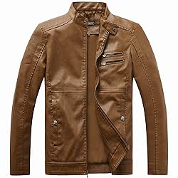 WULFUL Men's Stand Collar Leather Jacket Motorcycle