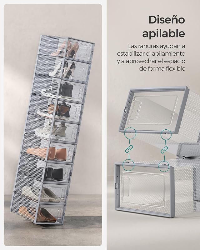 Cajas de Zapatos Plástico, Juego de 18 Organizadores de Almacenamiento, Caja Zapatero Plástico Plegable y Apilable para Zapatillas hasta talla 44, Transparente y Gris LSP006G18