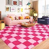 Pionblank Checkered Rug for Living Room, Modern Soft Shag 6x9 Area Rugs, Plush Fuzzy Carpet for Bedroom Girls Boys Room Home Nursery Teens Dorm Decor, Hot Pink