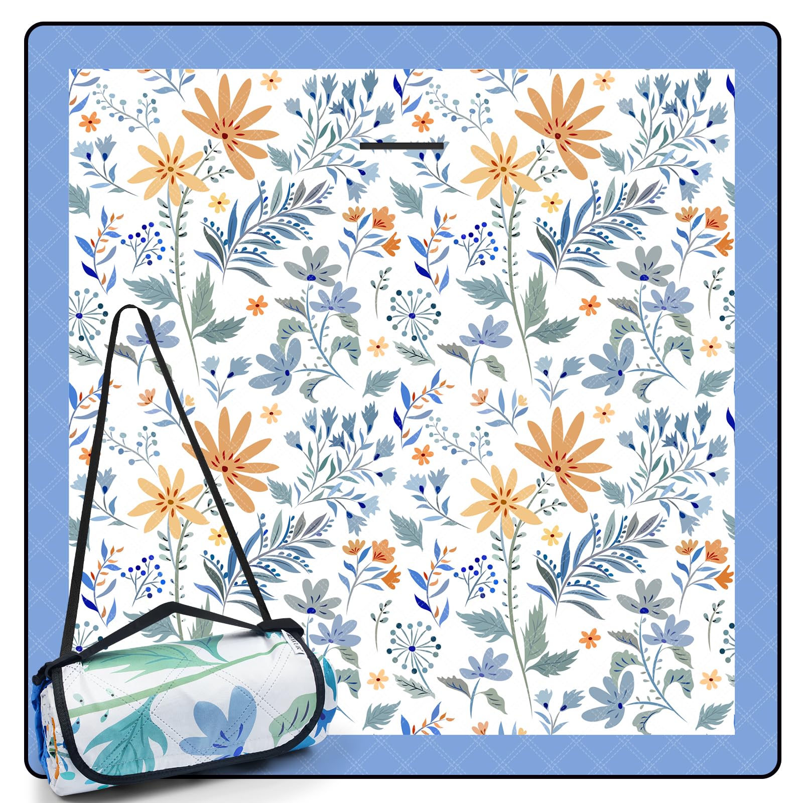 AONELAS DEWUR Picknickdecke wasserdicht waschbar, Stranddecke Sandfrei XXL Campingdecke Strandmatte isoliert mit wasserdichter Unterseite (Weiß mit Blumen, 200 x 200 cm)