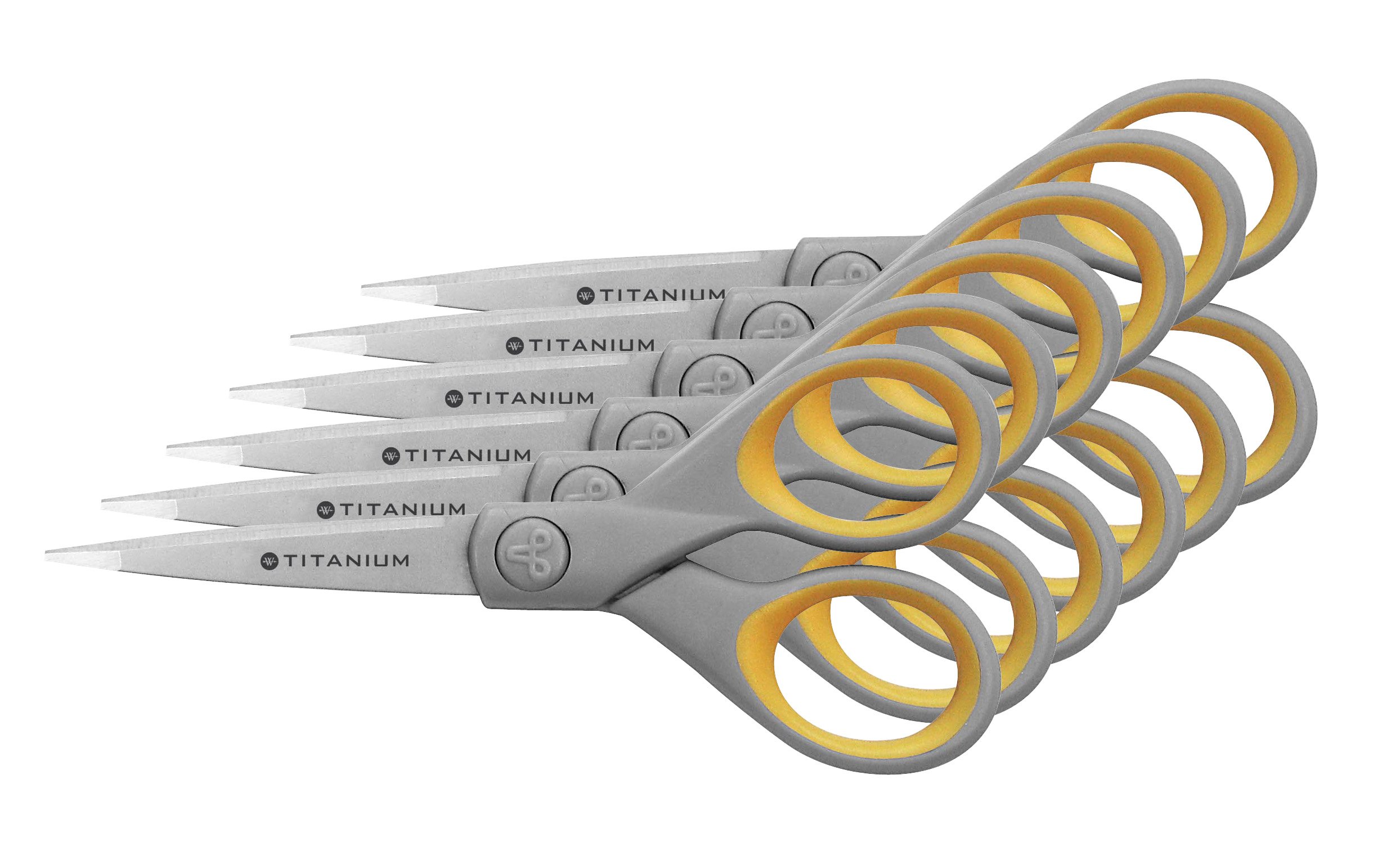 Westcott E-30450 I - 00 Super Titanium Soft Grip Scissors, 13 cm, Pack of 6, Grey/Yellow