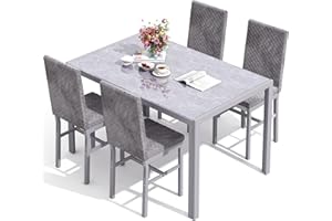 Lamerge 5-Piece Dinning Room Table Set, Glass Kitchen Table with 4 Velvet Chairs, Dining Kitchen Table Chairs Set of 4, for Kitchen Dining Room Breakfast Nook, Grey