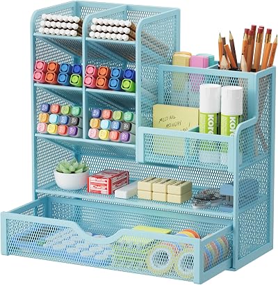 Marbrasse Mesh Desk Organiser Multicompartment Pen Holder Blue
