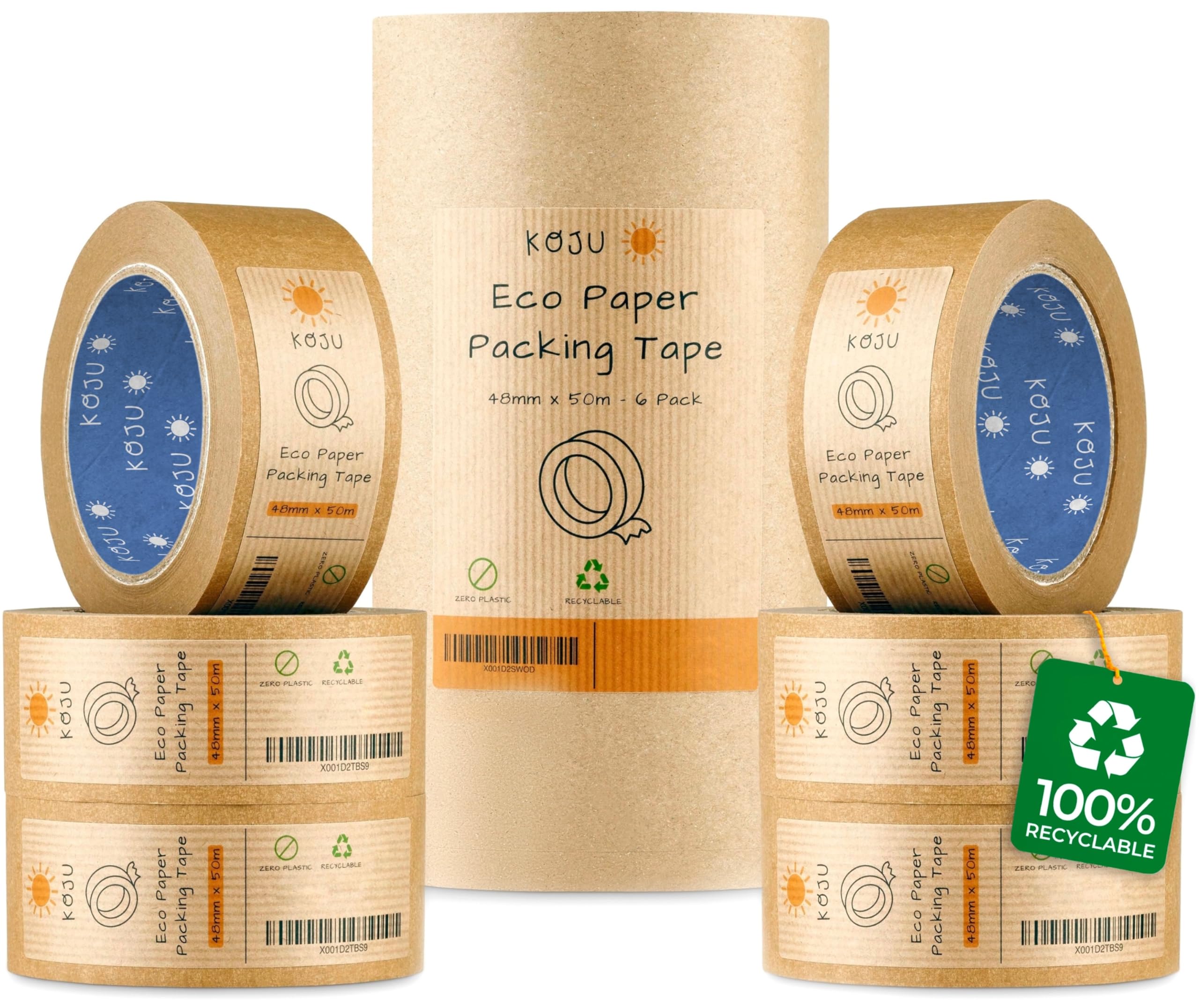 Koju Kraft Paper Packing Tape 48mm x 50m | 6 pack | Eco Friendly & Recyclable Brown Paper Tape for Parcel Packing & Picture Framing