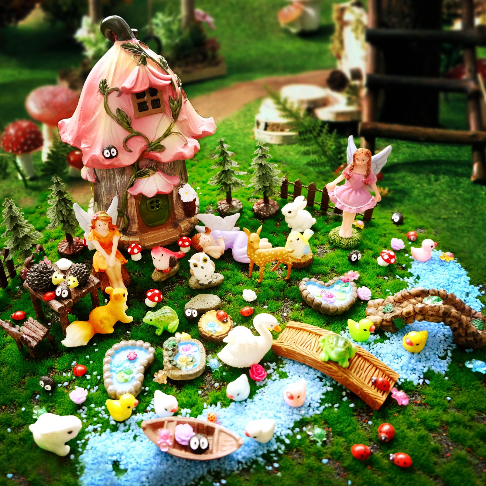 Photo 1 of 115 Pcs Fairy Garden Accessories Outdoor Kit Mini Fairy House Decor Resin Mushroom Cottage with Elves, Deer, Bunny, Squirrel, Owl Figurines for Miniature Garden, Yard, DIY Village Decoration