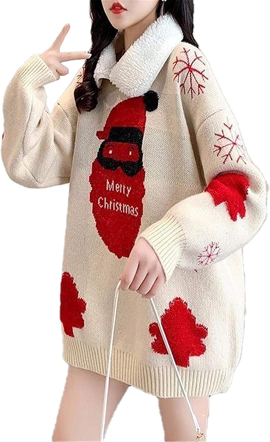 yingjie Knit Sweater Women Oversize Santa Claus Pattern Female