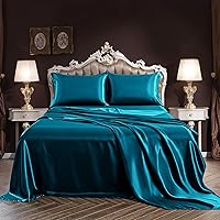 SiinvdaBZX 4Pcs Satin Sheet Set Queen Size Ultra Silky Soft Teal Satin Queen Bed Sheets with Deep Pocket, 1 Fitted Sheet, 1 F