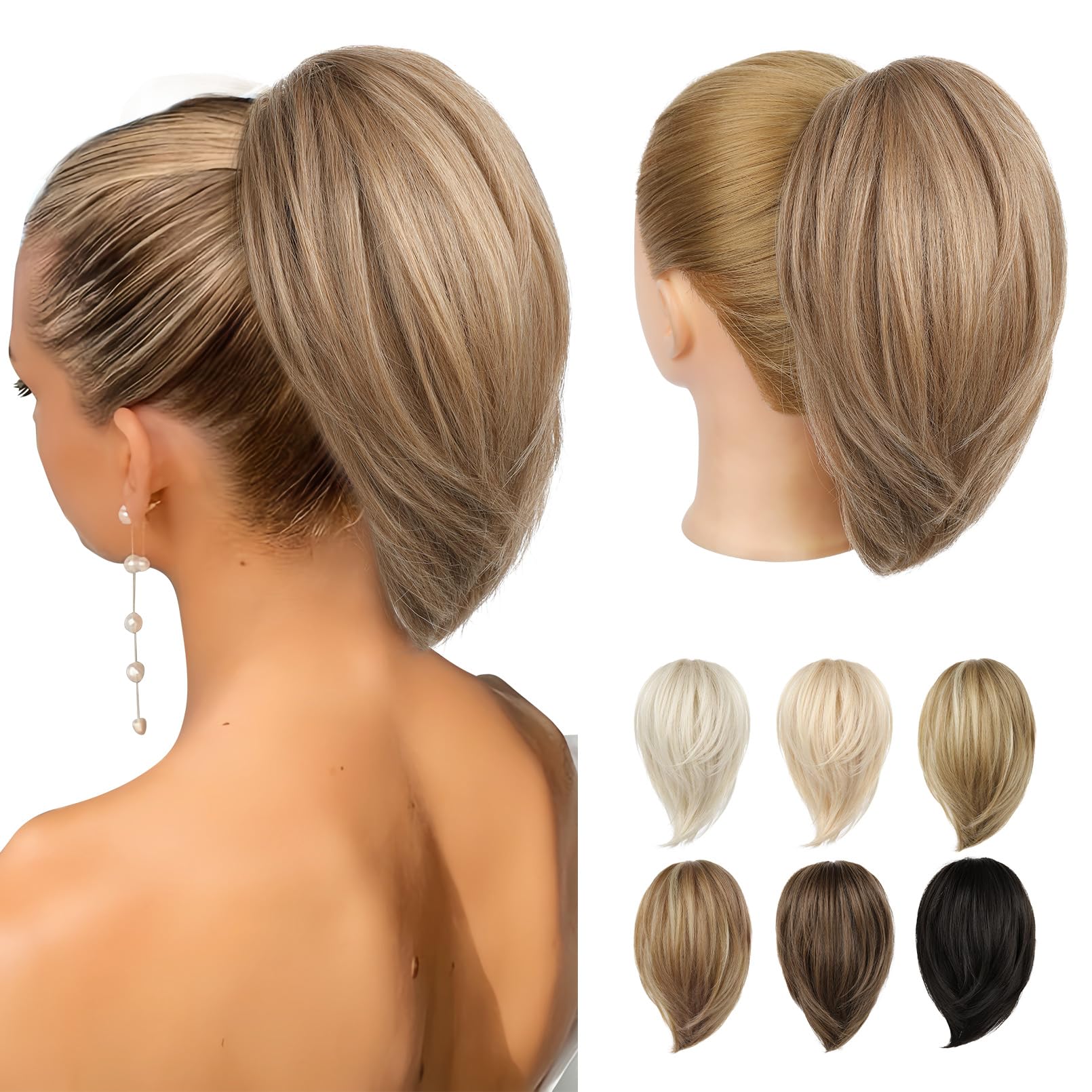 REECHO Ponytail Extension，Claw Clip Hair Bun Hair Piece Short Straight Ponytail Hair Extensions Messy Hair Bun Natural Synthetic Fake Ponytail Hair Pieces for Women- Dark Blonde