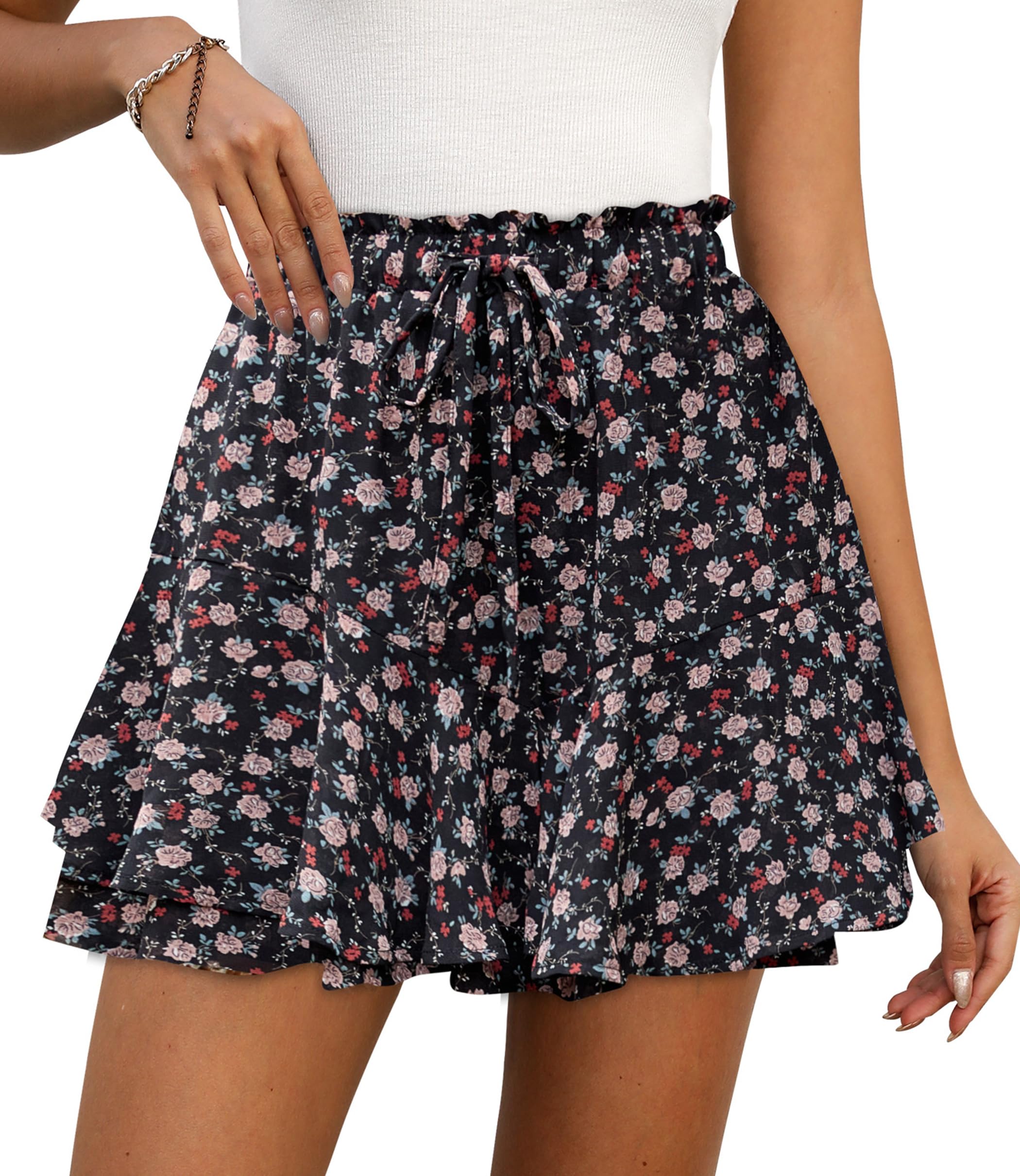 LOMMOJ Shorts for Women Summer Casual Ruffle Chiffon Skorts Boho Mini Skirts Black Pink Floral L Image