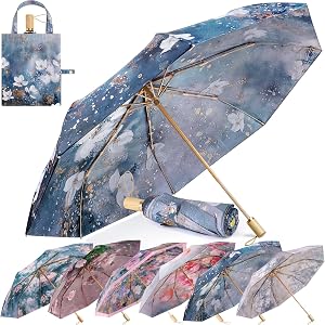 leznazik Elegant Double Layer Classical Floral Oil Painting Folding Umbrella for Women Windproof Rain & Sun UV Protection Par