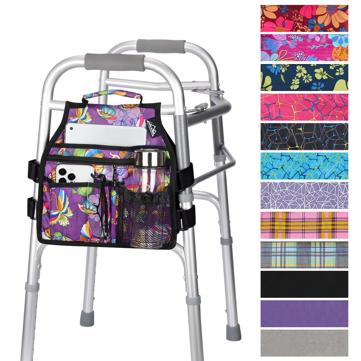 supregear Side Walker Bag, Walker Accessories Bag w/Cup Holder, Folding Walker Basket Waterproof Walker Organizer Caddy Pouch for Most Walker with Side Bar for Seniors, Elderly, Double Sided