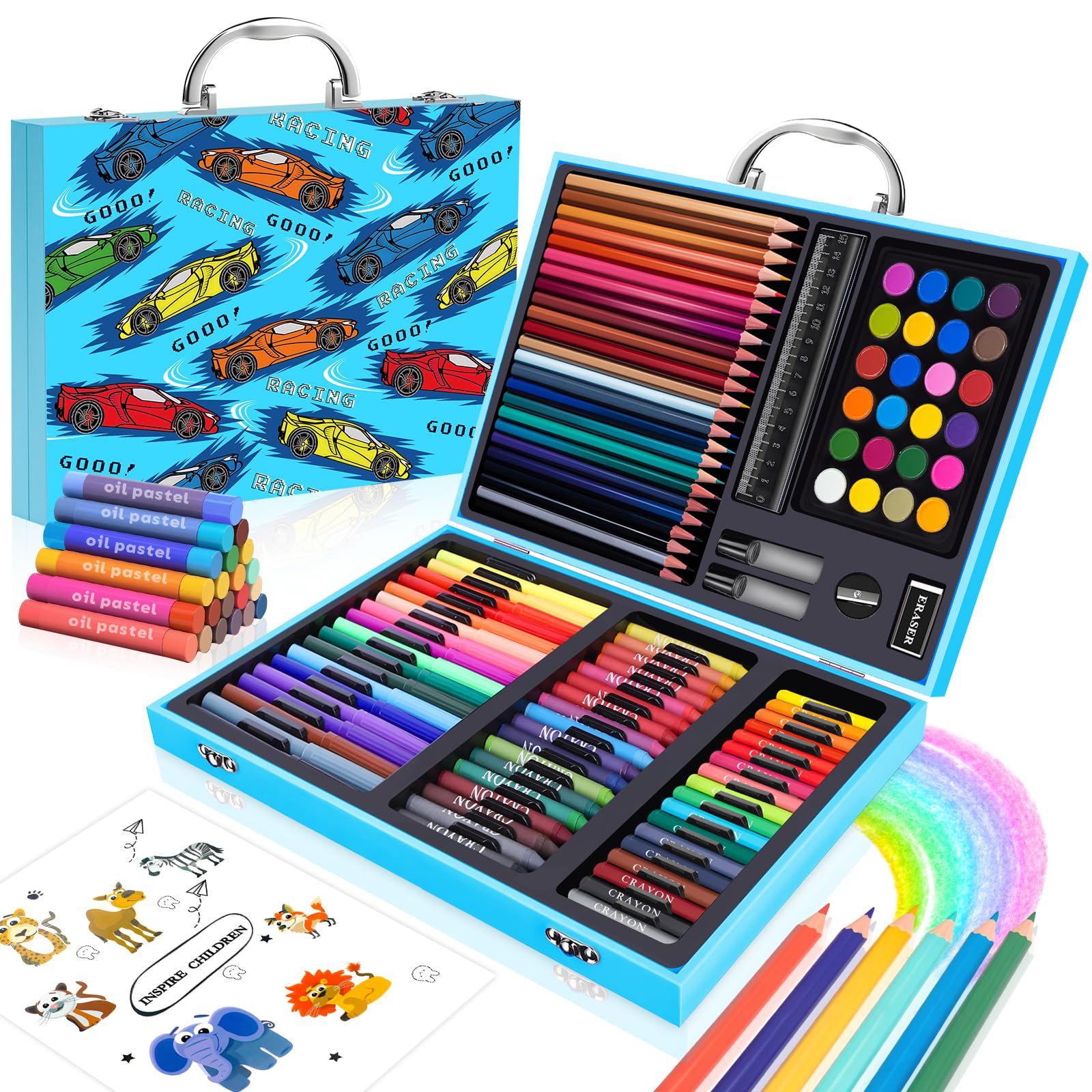 CutteeyFyry Cartoon Car Art Set for Kids Age 4-12, Drawing With Marker Pens, Oil Pastels, Crayons, Colored Pencils - Arts and Crafts for Boys and Children