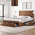 Yaheetech Queen Bed Frame with 2 USB Charging Stations/Port for Type A&Type C/3 Storage Drawers,Leather Upholstered Platform Bed with Headboard/Solid Wood Slat Support/No Box Spring Needed/Amber Brown