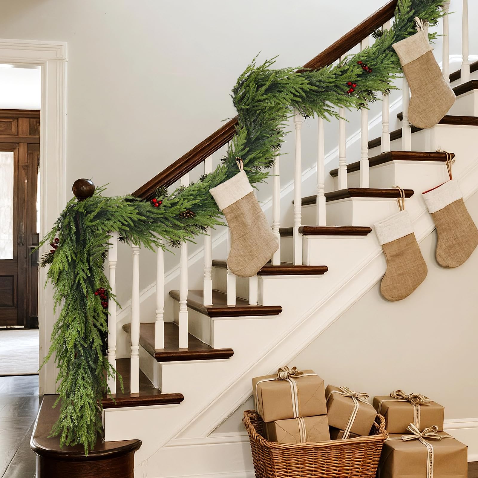 View 1 of Artificial Norfolk Pine Garland - Faux Christmas Garland Fake Green Garland for Fireplace,Table, Stairs, Mantle, Window,Indoor Outdoor,Home,Holiday Decor (1 PCS,16 FT)