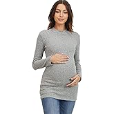 Women's Knit Ribbed Maternity Top with Mock Neck Long Sleeve (Heather Grey, S)