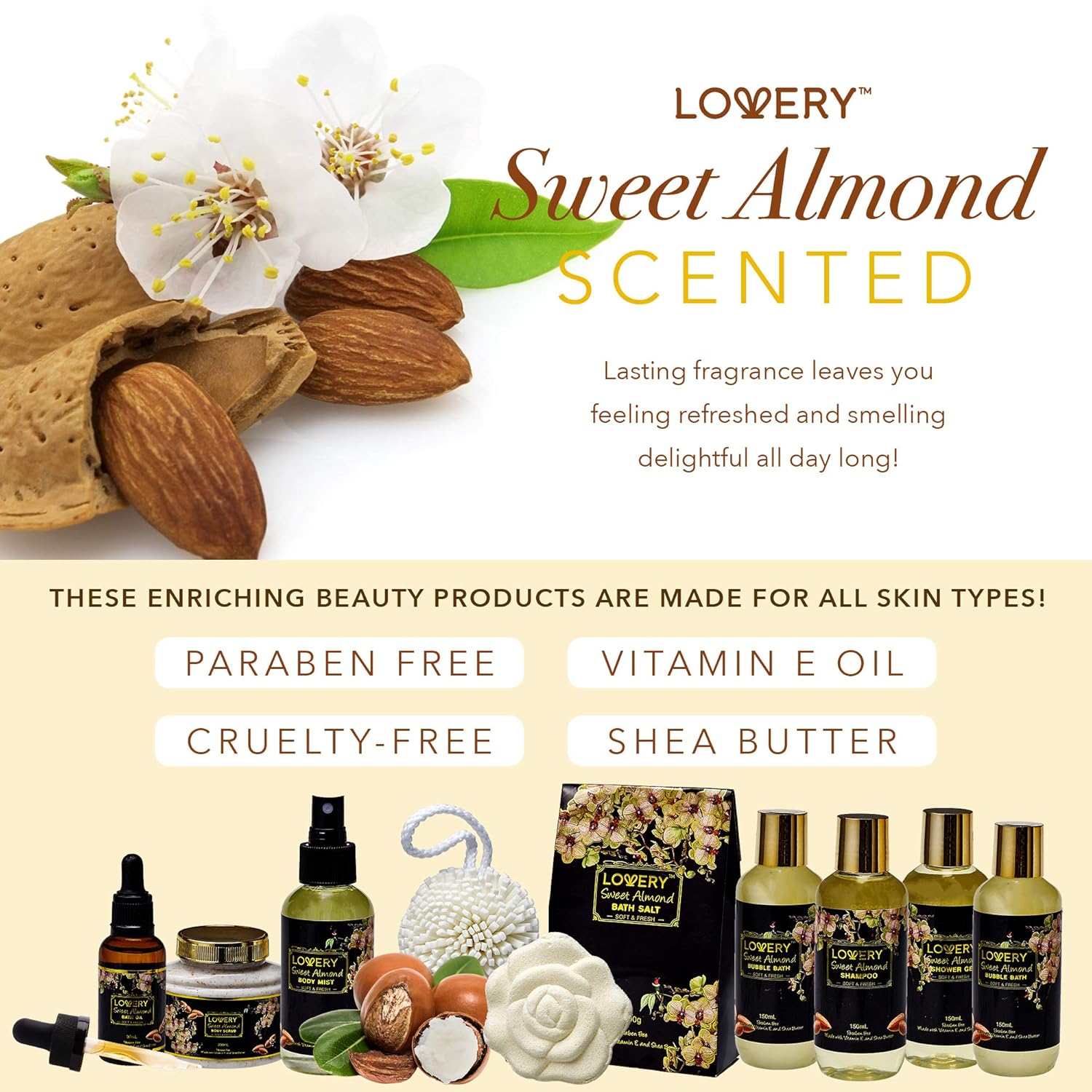 Bath and Body Gift Basket For Women and Men – Sweet Almond Home Spa Set with Fragrant Body Lotions, Bath Bombs, Gold Candy Dish and Much More - 11 Piece Set : Beauty