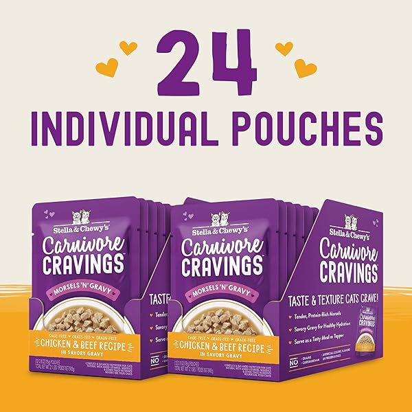 STELLA & CHEWY’S CARNIVORE CRAVINGS MORSELS & GRAVY CHICKEN & BEEF RECIPE WET CAT FOOD POUCHES – (2.8 OUNCE POUCH, CASE OF 12)
