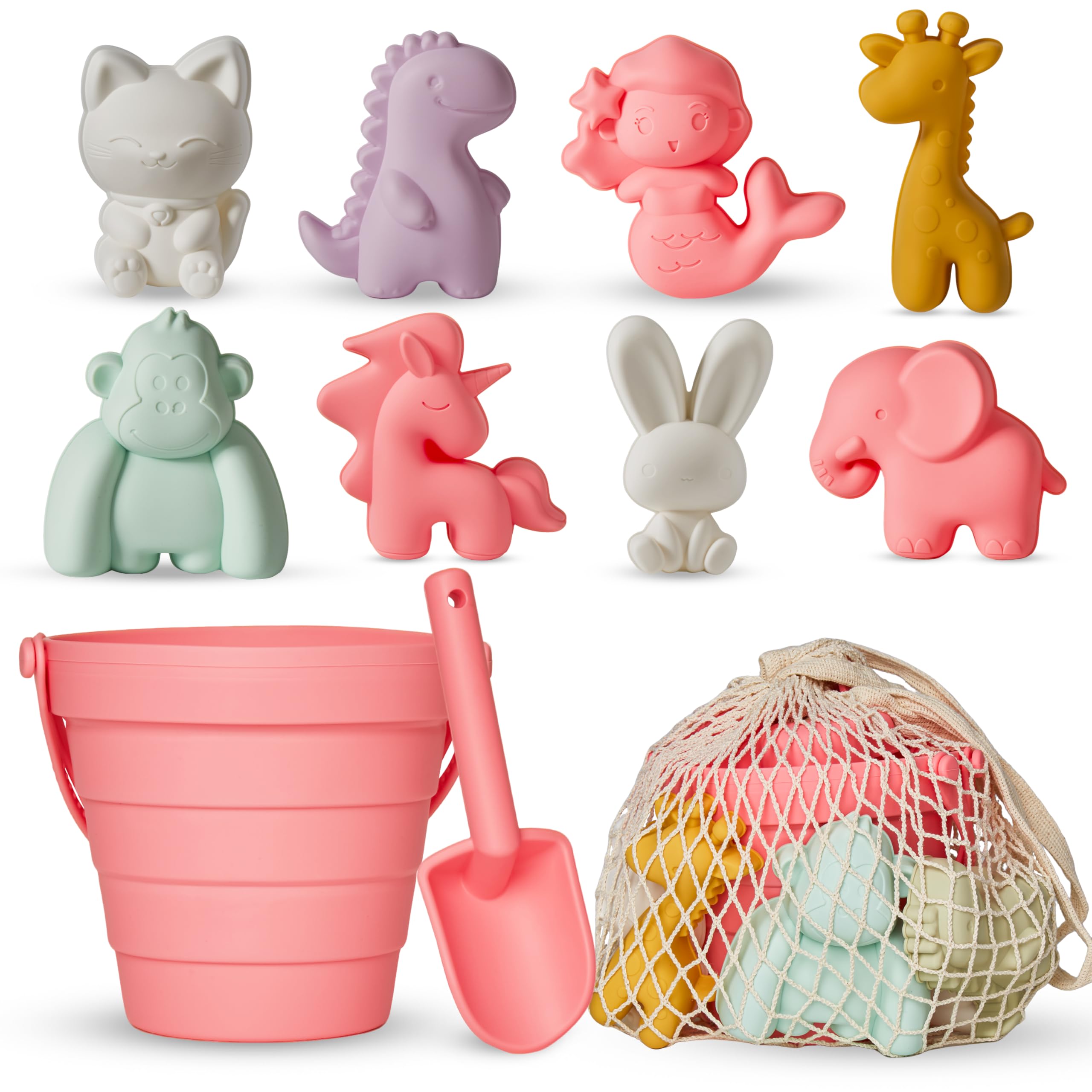 MarcZero 11Pcs Silicone Beach Toys,Collapsible Sand Bucket,Modern Baby Beach Toys,Travel Friendly Beach Set,Silicone Bucket,Shovel,Sand Molds,Beach Bag,Silicone Sand Toys for Toddlers,Kids(Peach Pink)