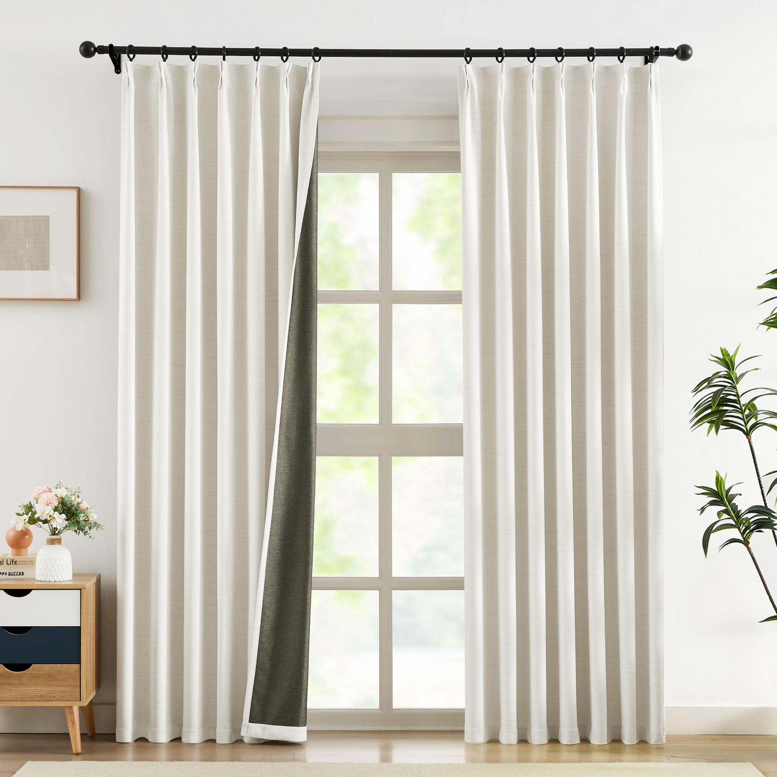 Treatmentex Natural Beige Pinch Pleated Blackout Curtains for Living Room, 95% Light Blocking Linen Textured Look Pleated Drapes with Hooks and Rings for Bedroom (40" Wx84 L, 2 Panels, Moon Grey) Image