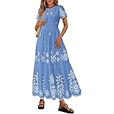PRETTYGARDEN Boho Dresses for Women 2026 Summer Spring Casual Floral Short Sleeve V Neck Maxi Elastic Waist Dress Pockets