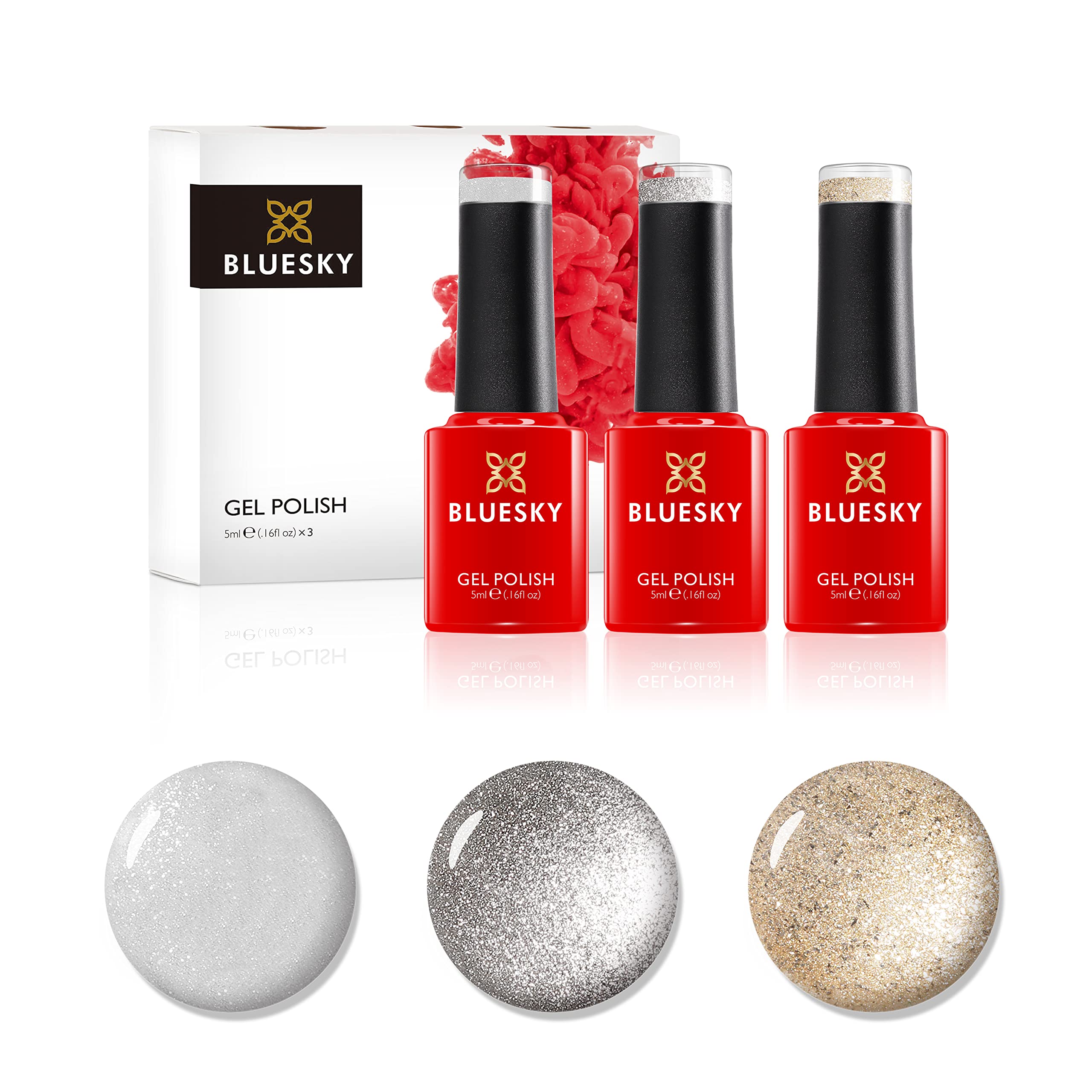Bluesky Gel Nail Polish Set, Metallic Sheen, Silver Vip 80535, Silver Glitter A018, Goldfish A034, 3 x 5 ml, (Requires Curing Under UV or LED Lamp)