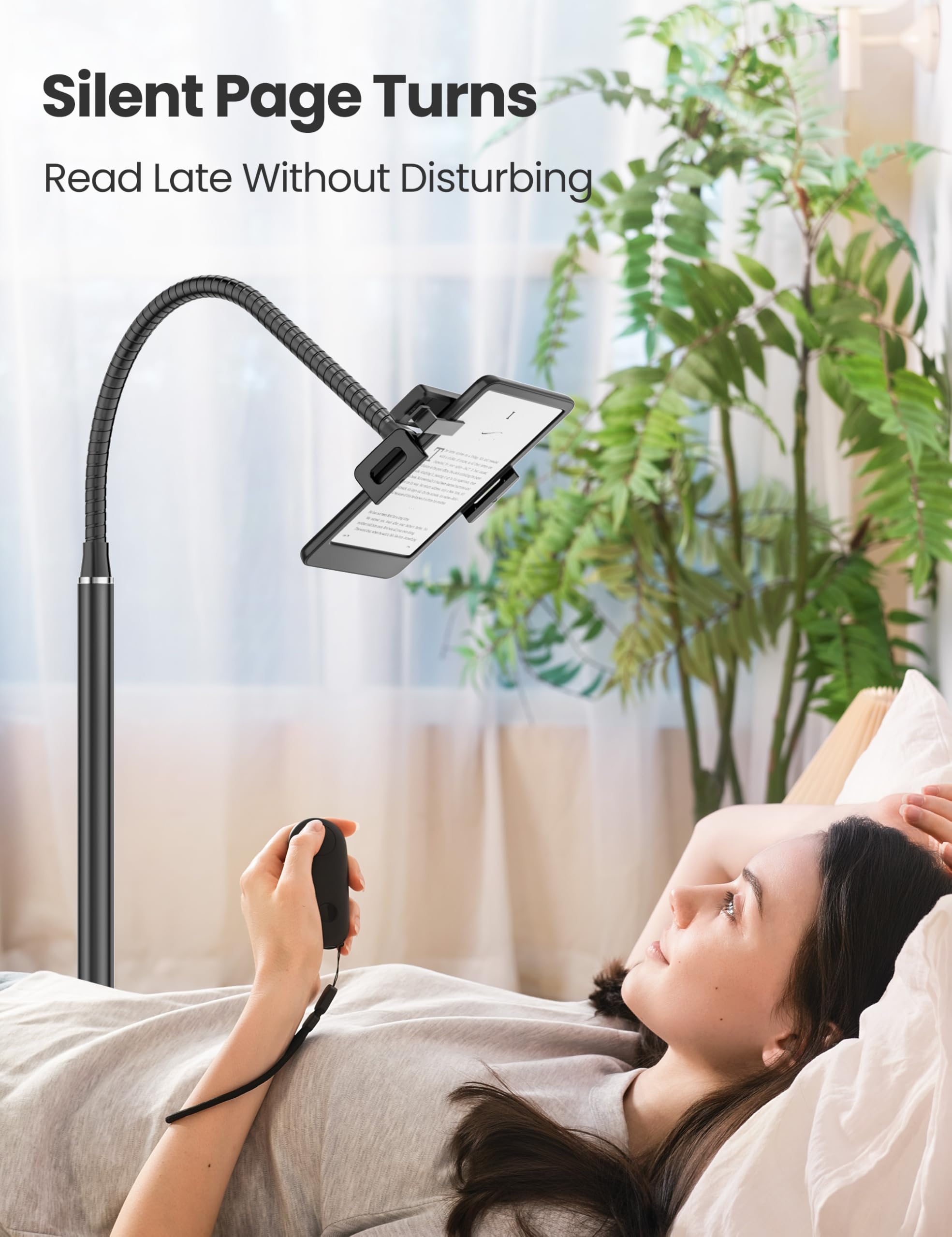 Kindle Stand Floor with Remote Page Turner for Reading in Bed, Tablet Stand Holder with Adjustable Gooseneck, Compatible with Kindle Accessories/Paperwhite, Hands Free Use Gifts for Readers