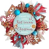 vivimemo 20-inch Christmas Wreath Red Gauze Net Ribbon Bow Gingerbread Man Blue Board Glittering Ball Front Door Wreath Christmas Party Entrance Fireplace Wall Decoration Holiday Office Decoration