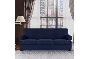 TWIN SIX 4 Pieces Stretch T Cushion Sofa Slipcovers with 3 Individually T Cushion Shape Seat Covers for Dogs, Washable Furniture Protector Soft Covers with Elastic Bottom (Sofa, Navy Blue)