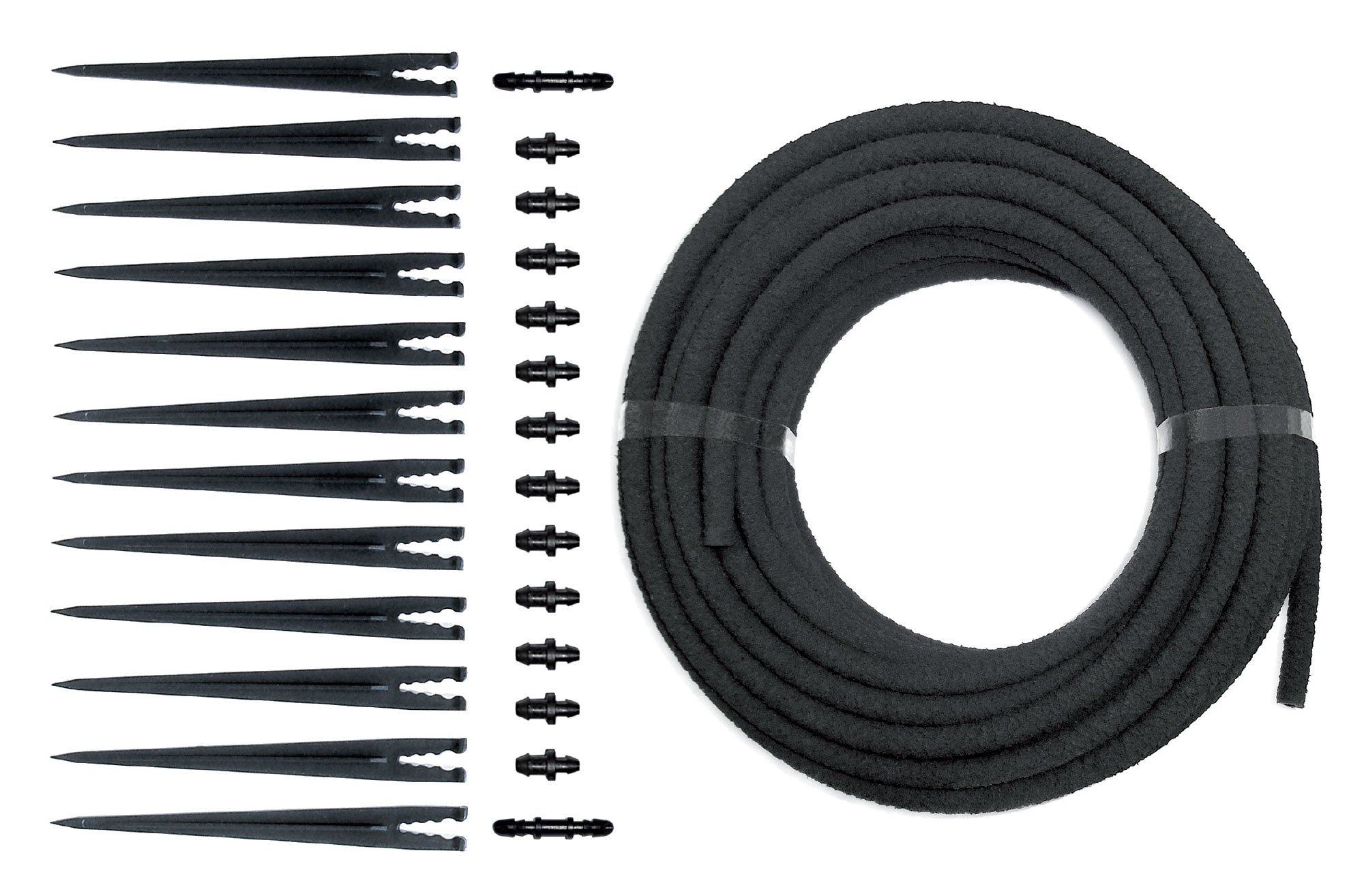 Irrigatia Seep Hose Extension Kit - designed to extend the Irrigatia Solar Powered Automatic Watering system. Contains 12m seep hose, 12 stakes, 12 stoppers, 2 connectors. Connect Seep Hose directly to the Irrigatia drippers.