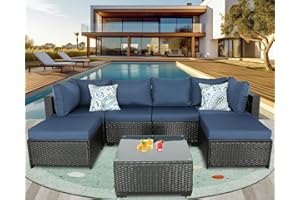 BPTD Outdoor Patio Furniture Set Balcony Furniture PE Rattan Wicker Outdoor Sectional with Washable Cushion for Garden, Poolside, Balcony, Backyard (Peacock Blue, w/Table) (Dark Blue, with Table)
