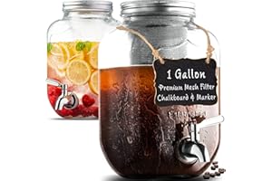 LE'RAZE 1 Gallon Cold Brew Coffee Maker - 3rd Generation Fine Mesh Filter - Stainless Steel Spigot - Extra Thick Large Glass Mason Jar Drink Dispenser Carafe, Iced Coffee Maker & Sun Tea Pitcher with Infuser.