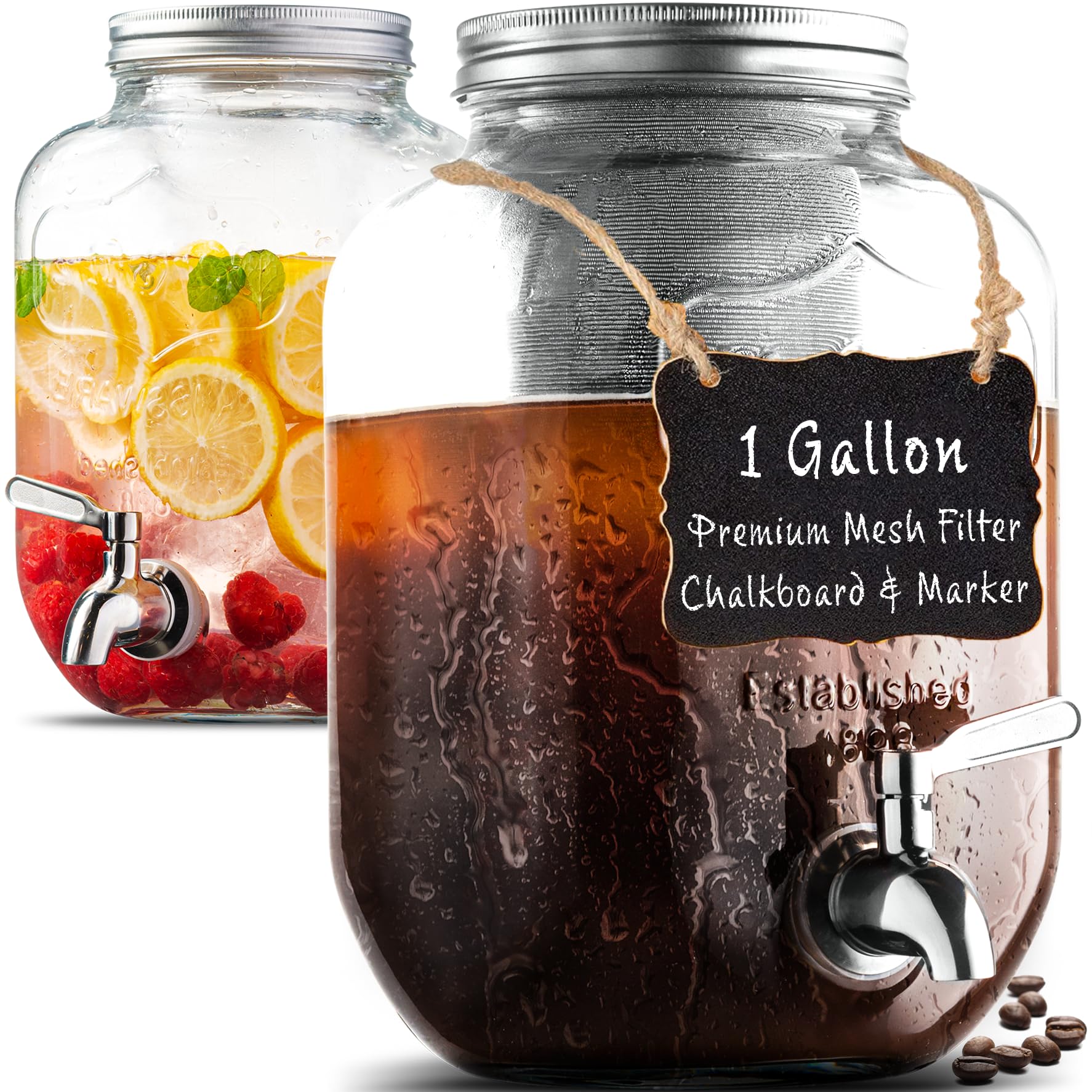 Photo 1 of 1 Gallon Cold Brew Coffee Maker - 3rd Generation Fine Mesh Filter - Stainless Steel Spigot - Extra Thick Large Glass Mason Jar Drink Dispenser Carafe, Iced Coffee Maker & Sun Tea Pitcher with Infuser.