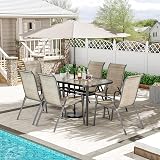 TLSUNNY 7 Pieces Patio Dining Set, Outdoor Table and Chairs W/1.69″ Umbrella Hole, 30"X 55" Table and Stackable Textilene Chair, All Weather Patio Furniture Set (Umbrella not Included) (Brown)