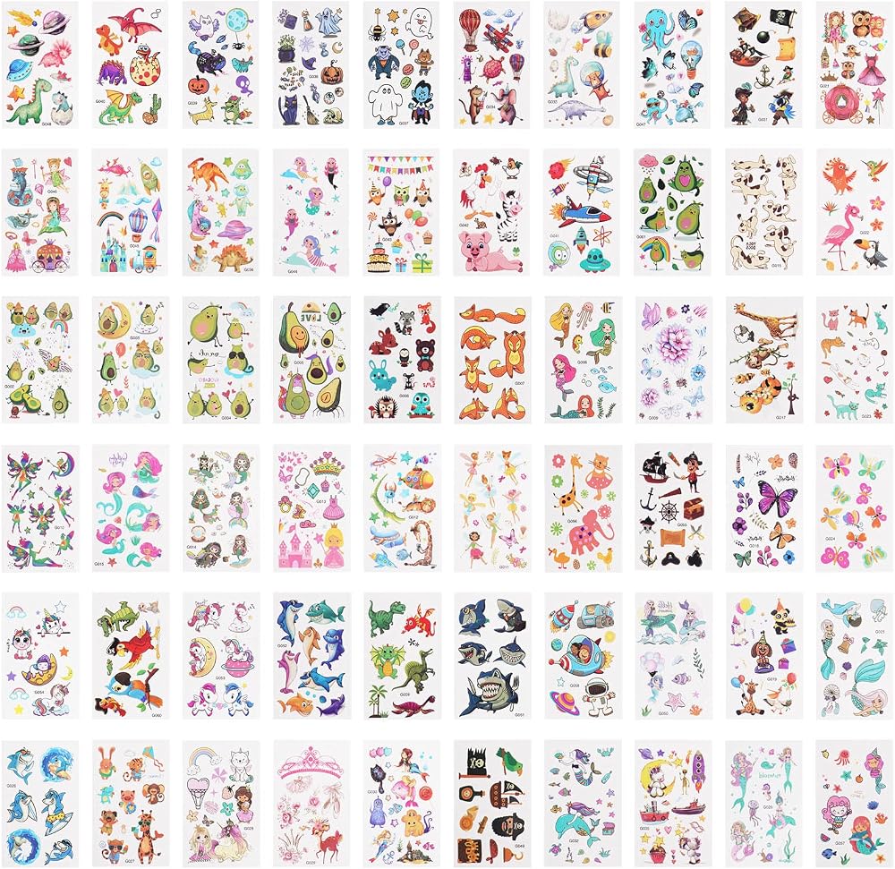 ACWOO Kids Temporary Tattoos 60 Sheets Mermaid Dinosaur Cartoon Waterproof Fake