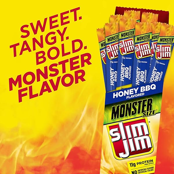 SLIM JIM MONSTER SMOKED MEAT STICKS, HONEY BBQ FLAVOR, HIGH PROTEIN, STOCKING STUFFER, 1.94 OZ. (18 COUNT)