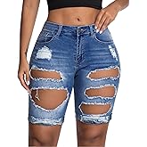 roswear Women's Ripped Denim Destroyed Mid Rise Stretchy Bermuda Shorts Jeans