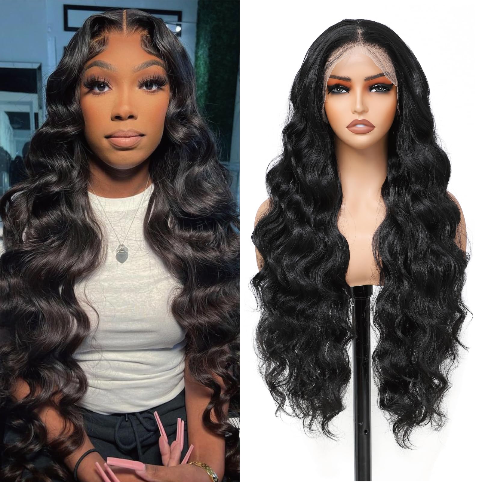 Humistwbiu 13x6 Lace Frontal Wig Long Body Wave Wigs Pre-Plucked Hairline with Baby Hair Transparent Swiss Lace Heat Resistant Synthetic Hair Glueless Wavy Wigs for Women 32 Inch (#Black)