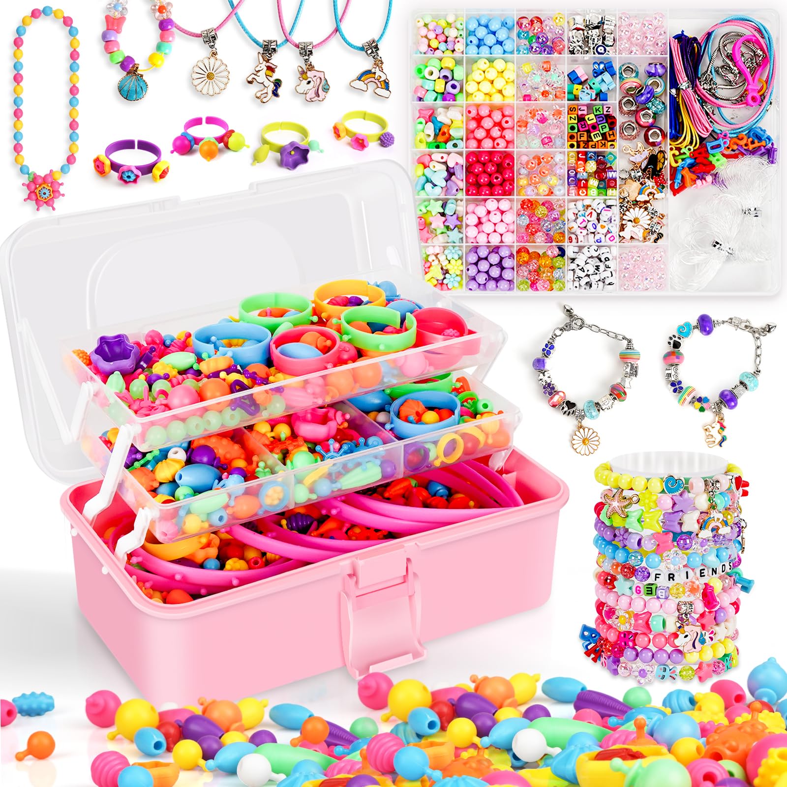 FUNZBO 1600 Pcs Pop Beads with Bracelet Making Kit, Jewelry Making Kit for 3 4 5 6 7 8 9 Year Old Little Girls, Arts and Crafts Toys for Kids, Necklace Bracelet Ring Creativity Holidays Birthday Gifts Image
