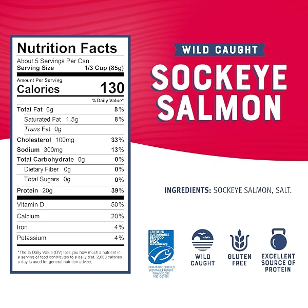 BUMBLE BEE CANNED RED SOCKEYE SALMON, 14.75 OZ CAN – PREMIUM WILD CAUGHT SALMON WITH SKIN & BONES – 20G PROTEIN – MSC CERTIFIED SUSTAINABLE SEAFOOD, NON-GMO, GLUTEN FREE, KOSHER