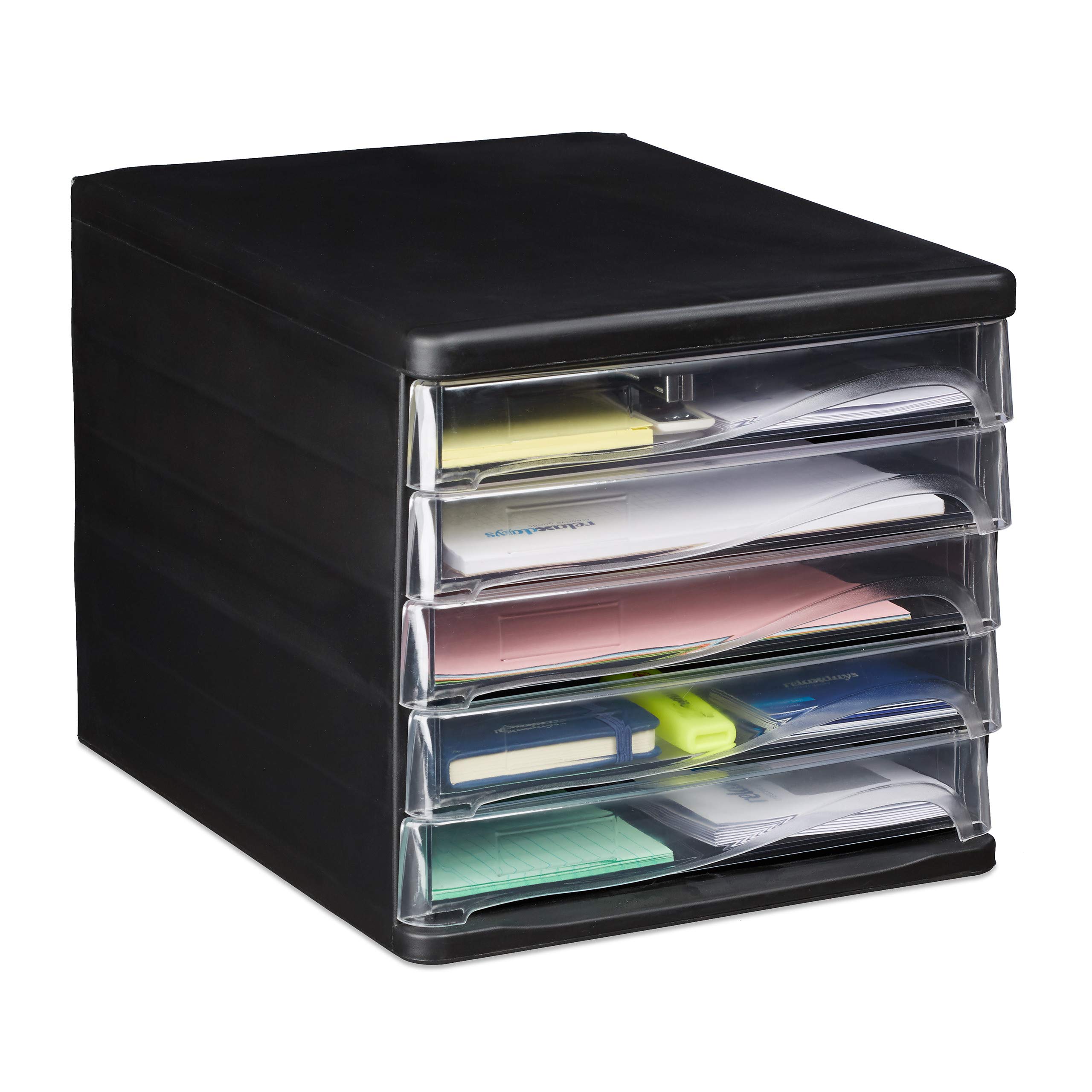 Relaxdays Filing Organiser, 5 Drawers for Stationery Supplies, DIN A4, Letter Rack, HWD 24.5x26.5x34 cm, Black