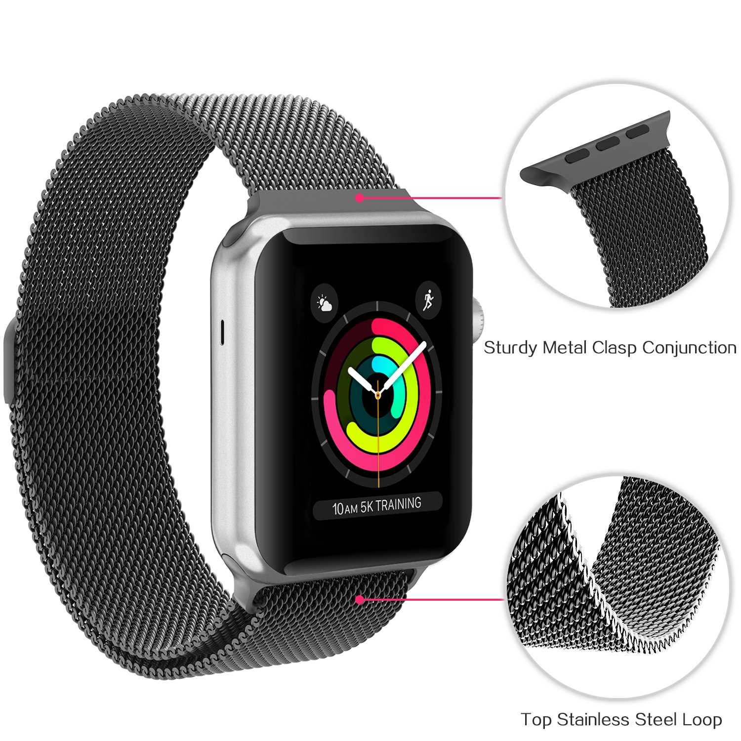 Apple Watch Band 42mm Milanese Mesh Loop Black IWatch Bands Strap Replacement WristBand For