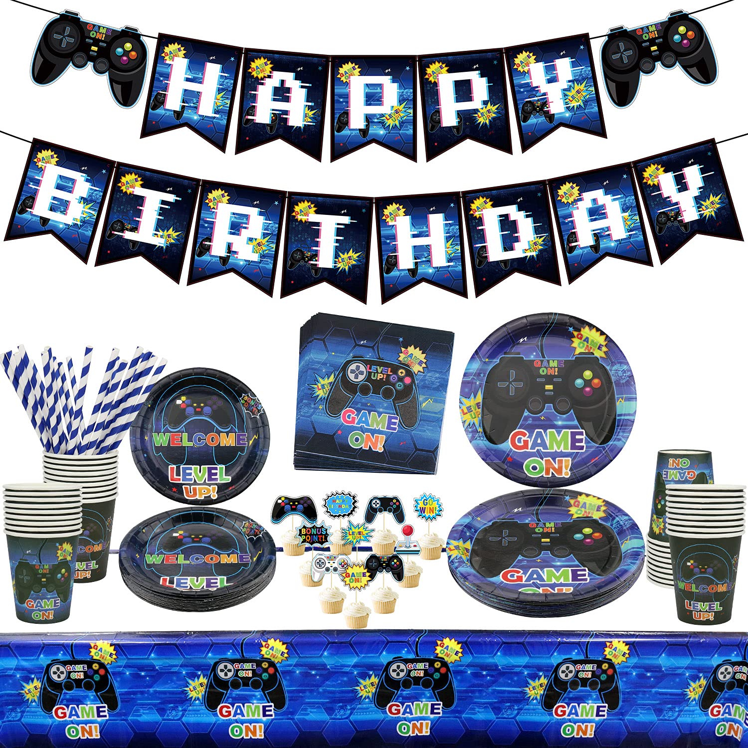 Video Game Party Supplies - Game Party Decoration Kit for Boys, Including HAPPY BIRTHDAY Banner, Plates, Cups, Napkins, Tableware, Tablecloths, for Kid Birthday Decoration - Serves 20 Guests