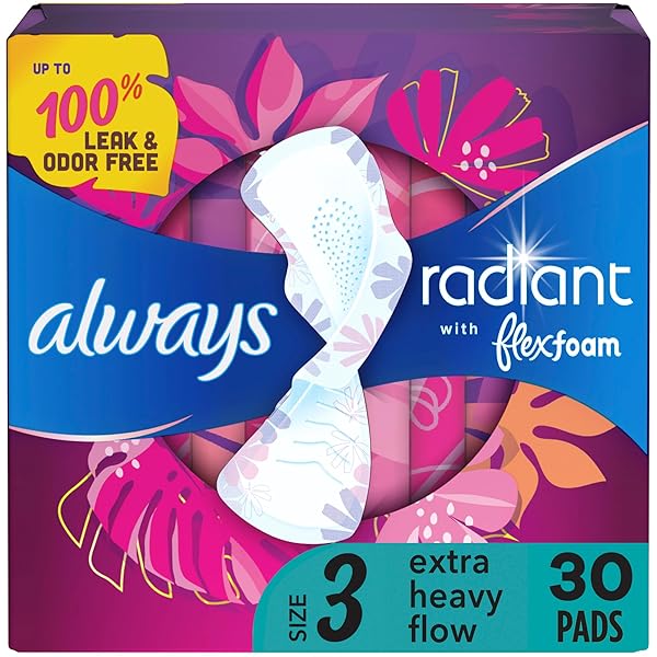 ALWAYS RADIANT FEMININE PADS FOR WOMEN, FLEXFOAM PADS WITH WINGS, SIZE 3, EXTRA HEAVY ABSORBENCY, LIGHTLY SCENTED, 30 COUNT (PACKAGING MAY VARY)